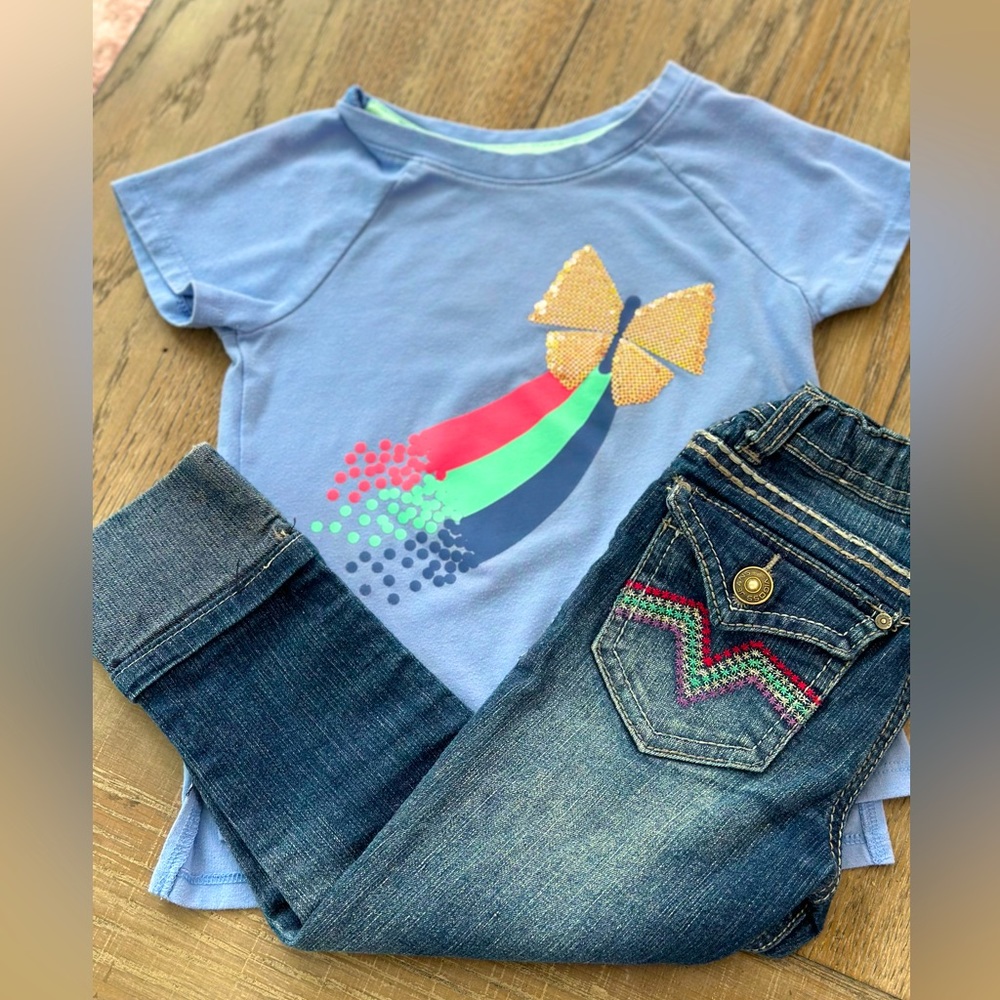 4T Vigoss Embroidered Jeans & Iridescent Gold-Sequined Butterfly Rainbow Shirt